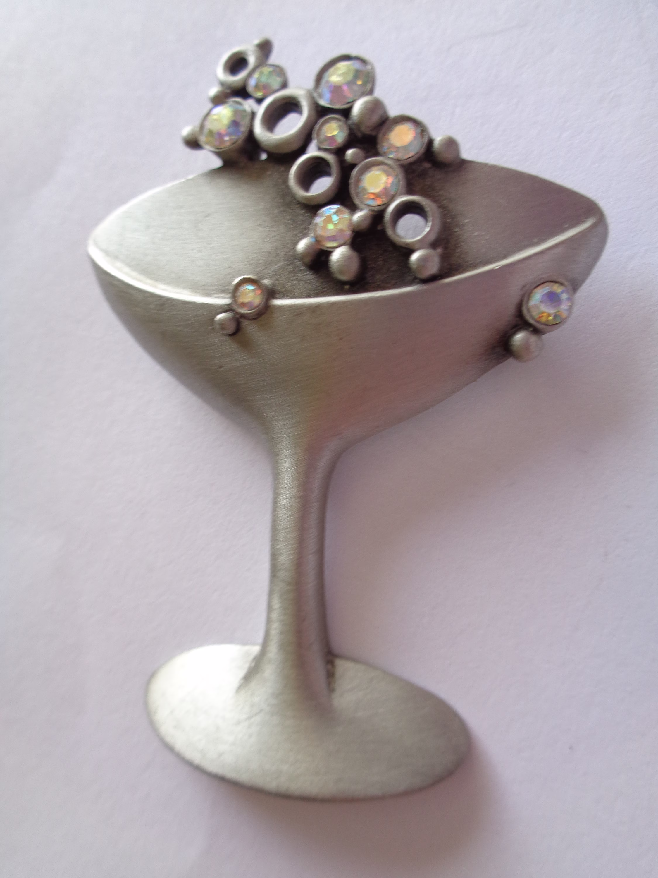 Vintage Signed Jj Silver Pewter Champagne Glass With Ab Stones Bubbles Brooch/Pin