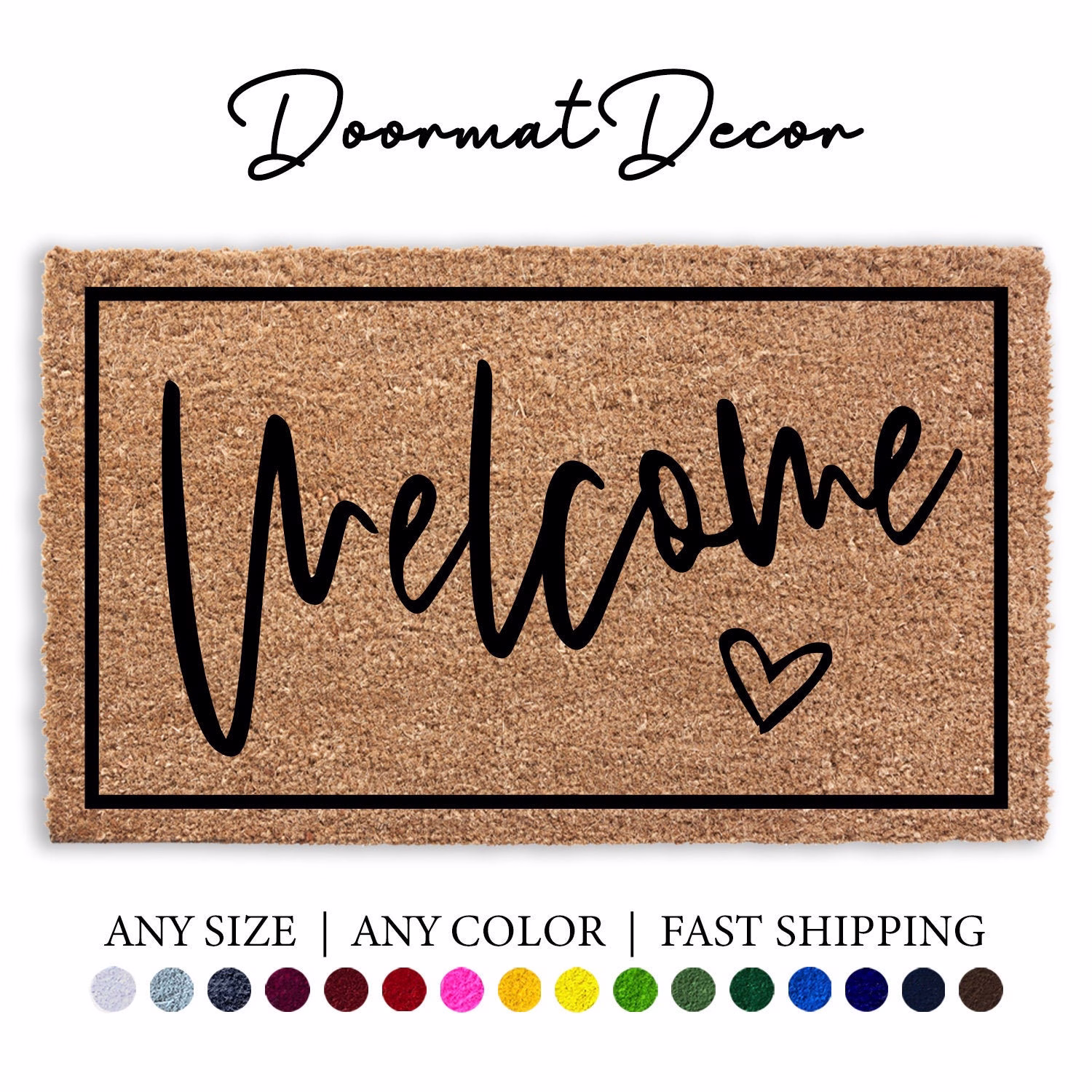 Welcome Script Doormat, Flocked Coir Outdoor Mat, Personalized Door Custom Housewarming Client Gift
