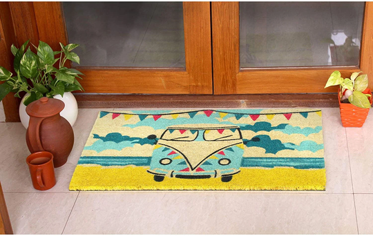 All Creations Retro Van Life Blue & Yellow Doormat, 45 X 75cm PVC Backing Fun Stencil Present Gift Quailty Coir Door Mat Internal