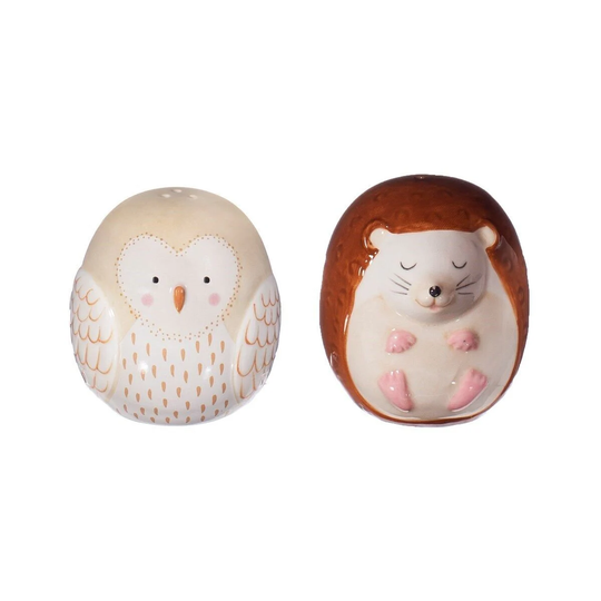 Novelty Ceramic Forest Folk Owl & Hedgehog Salt Pepper Shaker Set Gift Animals