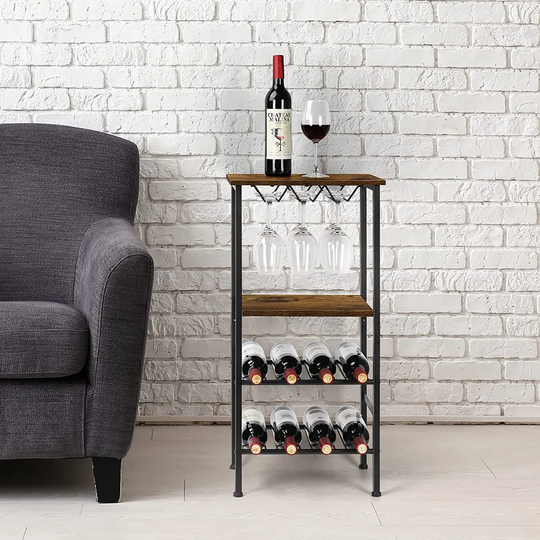 Replay 8 Bottle Floor Wine Bottle & Glass Rack in Black/Brown