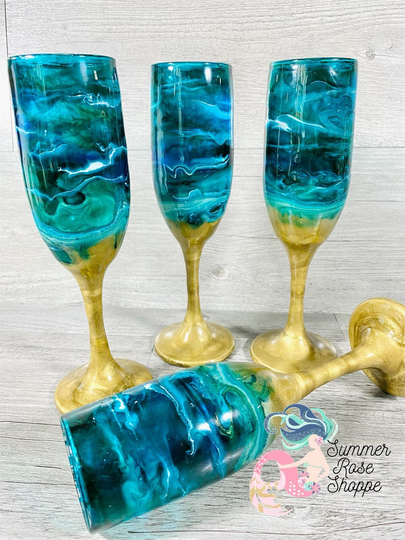 Glass Beach Ocean Themed Champagne - Blue Teal & Gold Wedding Gift Theme Mom Hand Painted Housewarming