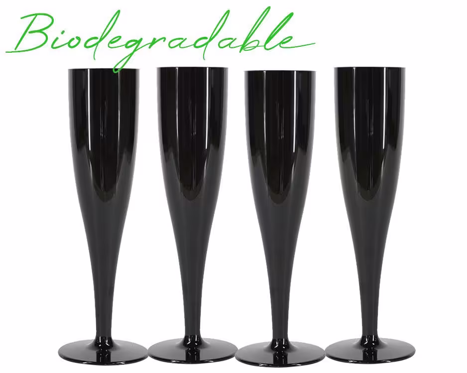 10 X Black Prosecco Flutes - Made From Biodegradable Material in Glossy Bold Colour 1-Piece Champagne Glass | Pack Of Glasses