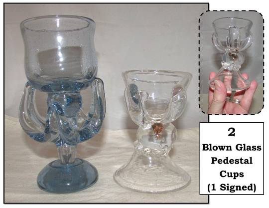 2 - Vintage Hand Blown Art Glass Wine Or Goblet, Blue Signed, 1997, Clear Unmarked