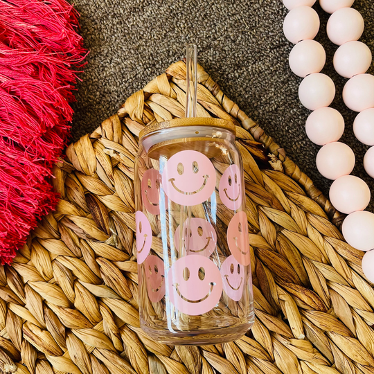 Smiley Faces Beer Can Glass | Christmas Gift For Coffee Lovers Aesthetic Iced Cup 16Oz Happy Face