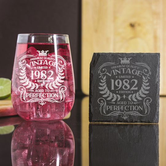 Vintage 1982 Engraved Stemless Gin Glass And/Or Coaster 40Th Birthday Gift Aged To Perfection - Lovers For Her 40 Year Old Gifts