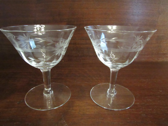 2 Etched Crystal Low Sherbets, Champagne Glasses, Unk485 Clear By Unknown Manufacturer, Stemware, Barware, Set Of | 2814