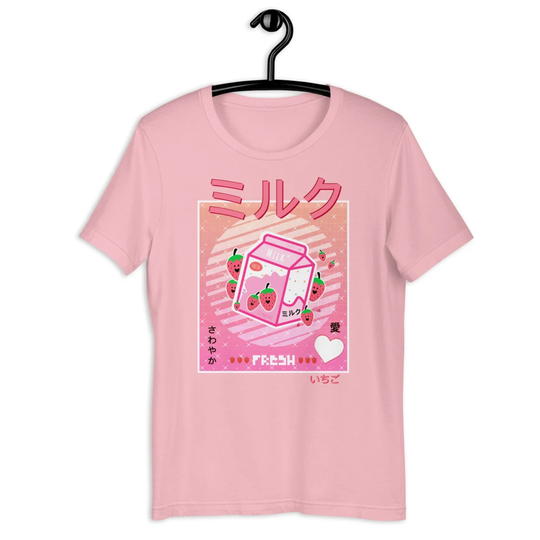 Pink 90's Retro Vaporwave Japanese Kawaii Strawberry Milk Shake Carton Tee Anime Gaming Girl Gamer T-Shirt, Sparkly Gift/Tee For