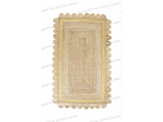 Yellow Trim Jute Scallop Runner Rug, Scalloped Natural Hallway Custom Rug I Any Size