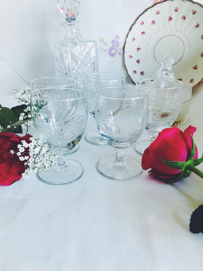 Pretty Set Of 5 Vintage Etched Cordial Glasses