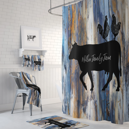 Farmhouse Shower Curtain Optional Bath Decor Personalized Faux Wood Cow Bathroom Set