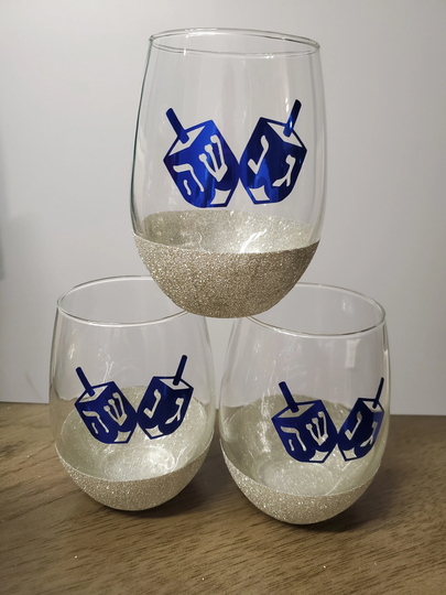 Hanukkah Glitter Glass, Chanukah, Dreidel, Menorah, Star Of David, Gift Idea, For Her, Him, Stemless Wine Glass, Custom Made