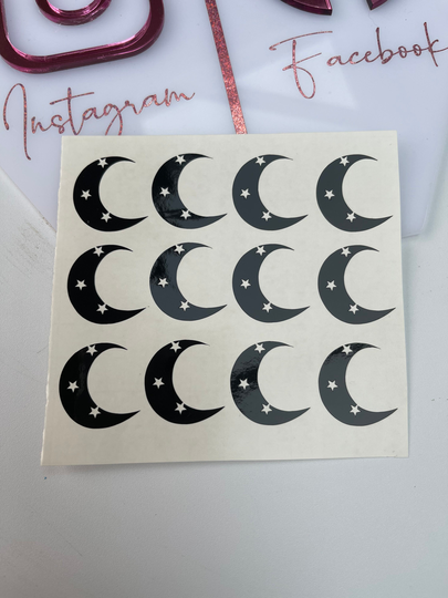 Set Of 12 Moon & Stars Self Adhesive Vinyl Sticker Decals. Halloween, Envelope Stickers. Water Bottle, Tumbler, Glass, Window, Party