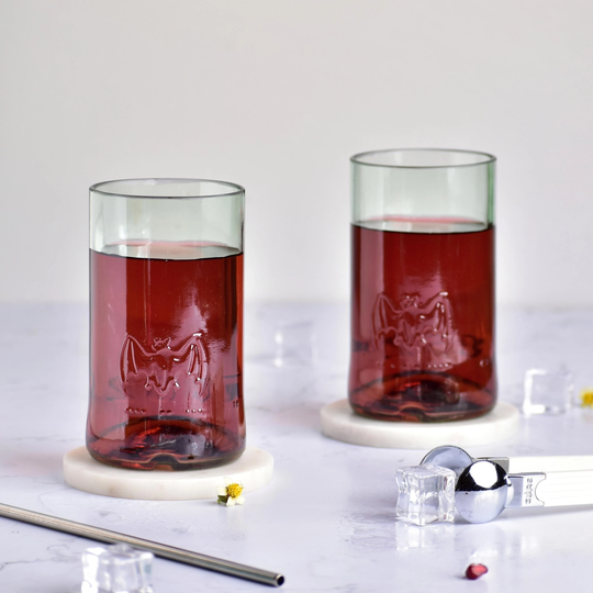 Bacardi Rum Drinking Glasses From Recycled Bottle Clear With Bat Logo Collector's Drinkware Thick Beverage Cocktail Mixers