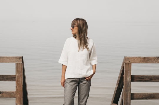 Washed Linen Top in Stylish Cream White/Loose Blouse/3/4 Sleeve Top/Relaxed Fit Top/Soft Tee/Free Shipping