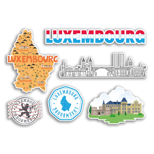 A5 Sticker Sheet Luxembourg Landmarks Vinyl Stickers - Country Map Airport Stamps Skyline Flag Travel Holiday City Aesthetic #77537