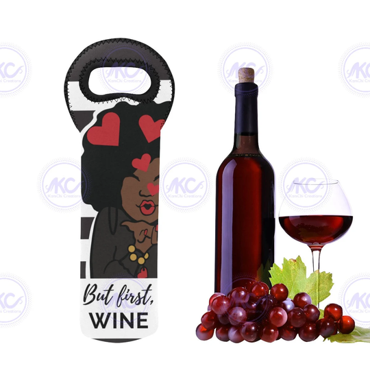 Wine Tote| Neoprene Bag| Housewarming Gift| Lover| Unique Present| Black White Stripes| But First Wine| Drinks Holder| Reusable