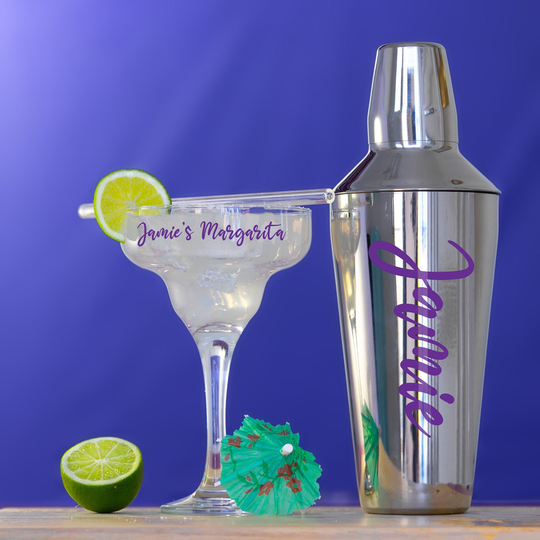 Personalised Margarita Cocktail Shaker Gift Set With Matching Glass & Straw | Mixer Recipe Vinyl Birthday