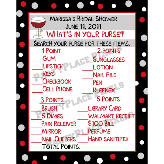 Personalized Bridal Shower Game - What's in Your Purse Wine & Rings Design Digital/Printable