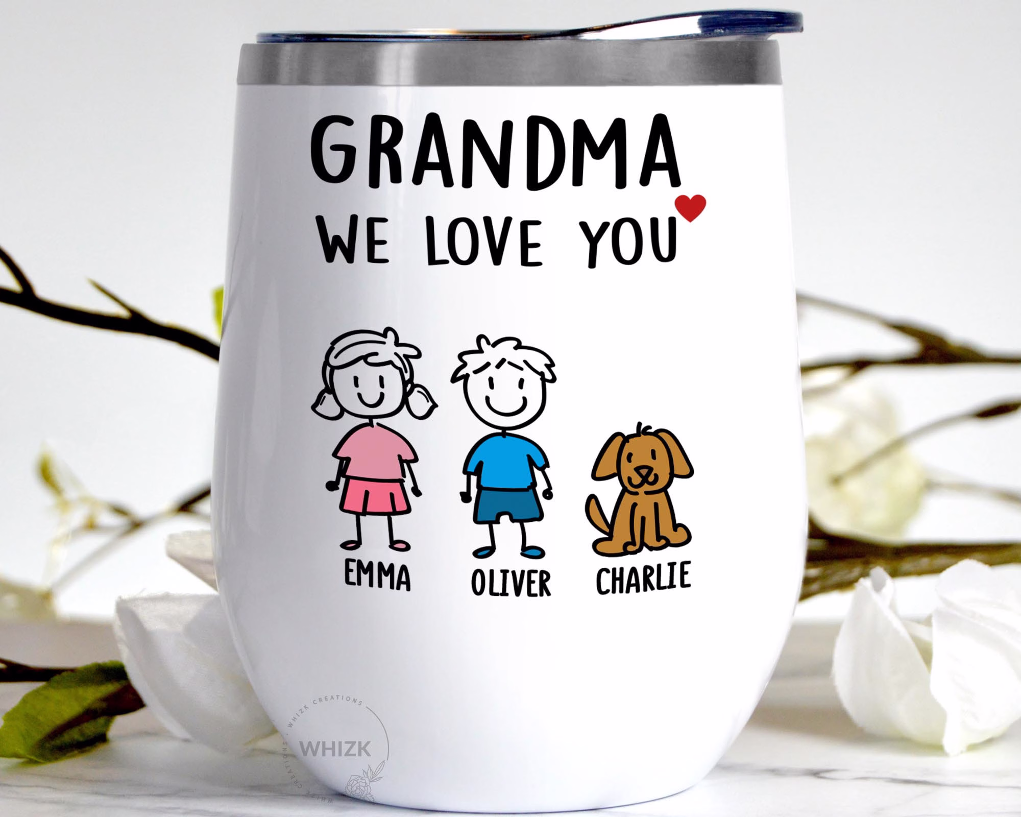 Grandma Wine Tumbler, Gift For Birthday Gift, Mothers Day From Granddaughter Grandson Stick Personalized 12 Oz G028