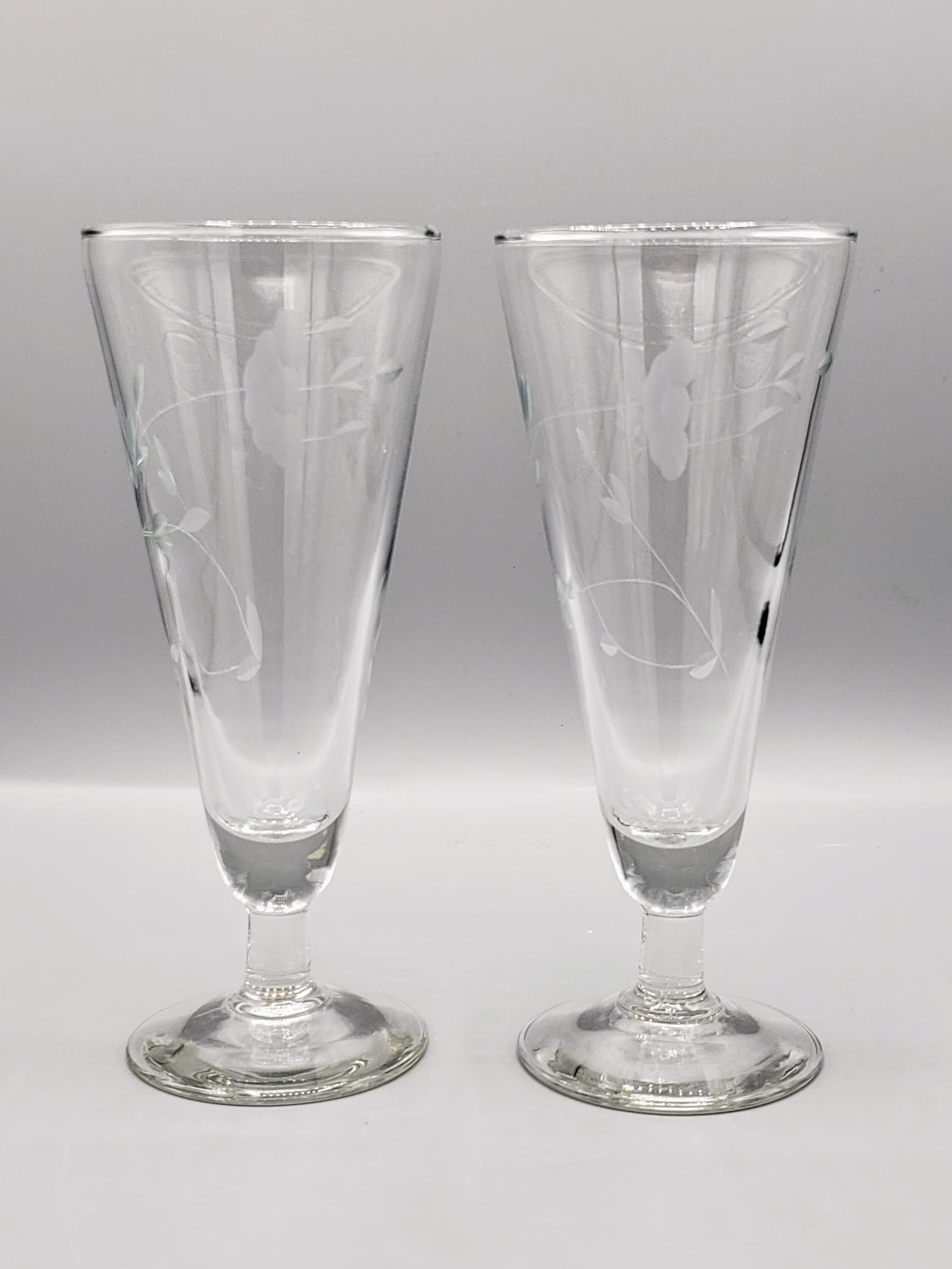 Pair Of Vintage Princess House Stemmed Pilsner Glasses ~ Heritage Etched Flower Pattern Shabby Chic Vibes Home Barware Replacement