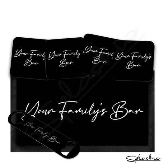 Personalised Bar Runner Mat, Custom Beer Mats & 4 X Drinks Coasters Gift Set Garden Sets/ Home Family Name Mat