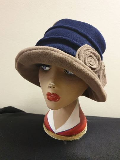 Stylish Navy & Camel 20's Style Cloche Fully Fleece Lined-Downton Abbey Hat-Womens Winter Hat-Ladies Hat
