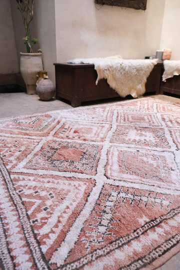 Moroccan Wool Rug | Vintage Boujad Berber Boujaad Carpet Hand Woven 100% Oriental Pink 7.2 X 5.5 Feet