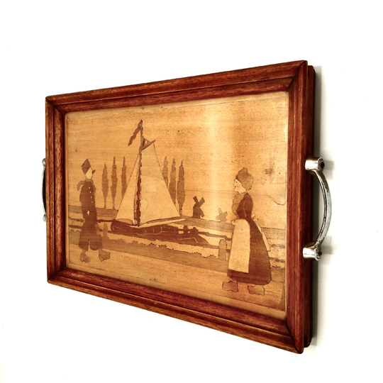Vintage Solid Wood Tray Inlaid With A Naïf Netherlands Scene/Rustic Marquetry Board Dutch Boy & Girl Primitive Folk-Art Kitchenalia