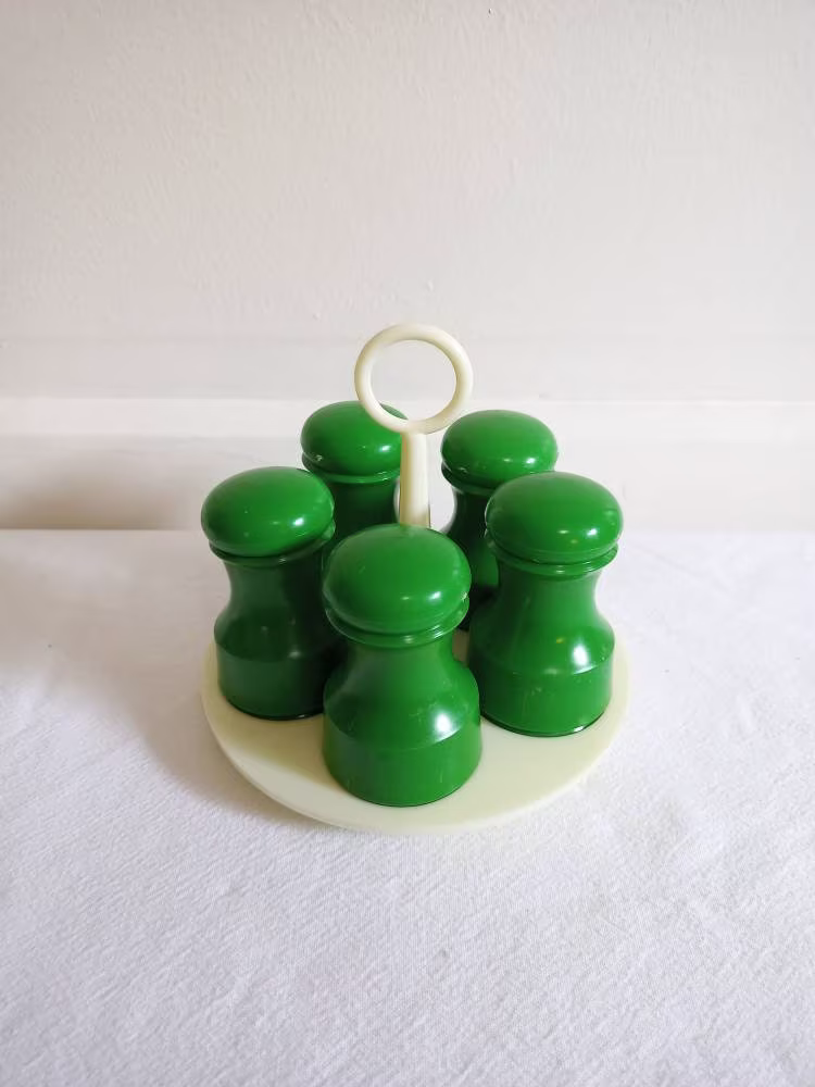 Green Plastic Spice Jars & Caddy Vintage 1960's Nevco Hong Kong