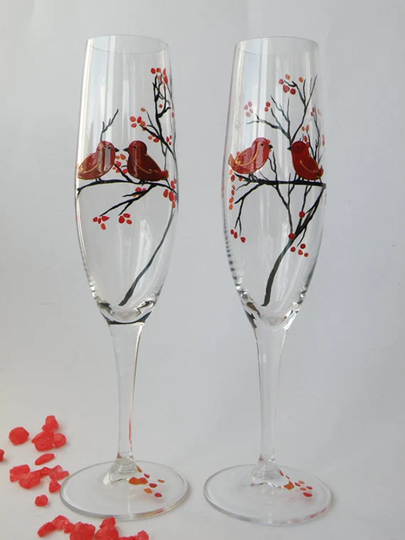 Hand Painted Wedding Toasting Flutes Set Of 2 Personalized Champagne Glasses Red Love Birds On The Branch