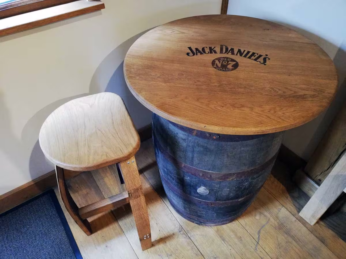 Whiskey Barrel Table With Solid Oak Top. Four Stave Stools To Complete A Set. Oiled Protect For Outside Use