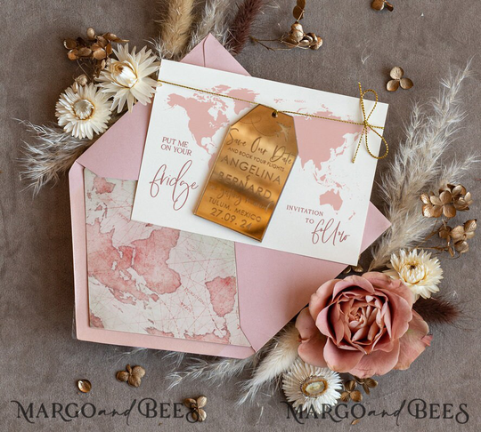 Pink Travel Save The Date Acrylic Tag Magnet Card Gold Luggage Wedding The Dates Magnets Our Cards Destination