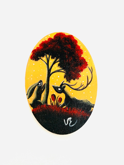Hand-Painted Magnet - Wood, Magic Tree, Spirit Deer, Bunny Rabbit, Gift For Her, Kitchen Decor, Dark Surrealism, Nature Lover, Easter
