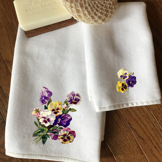 Violet Towel Set, Pansy Hand Towel, Fingertip Floral Guest Bath Towels, Elegant Purple Decor