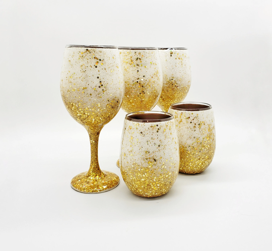 Gold Glitter Wine Glass Hand Painted With White Bling