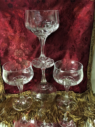 Sale Champagne Coupes, Wine Glasses, Crystal Thumbprint, Wheat Sheaf Cut Design