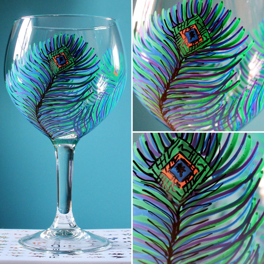 Hand Painted Floral Gin Glass, Peacock Feather | Personalisation Available Gift For Her, Lovers