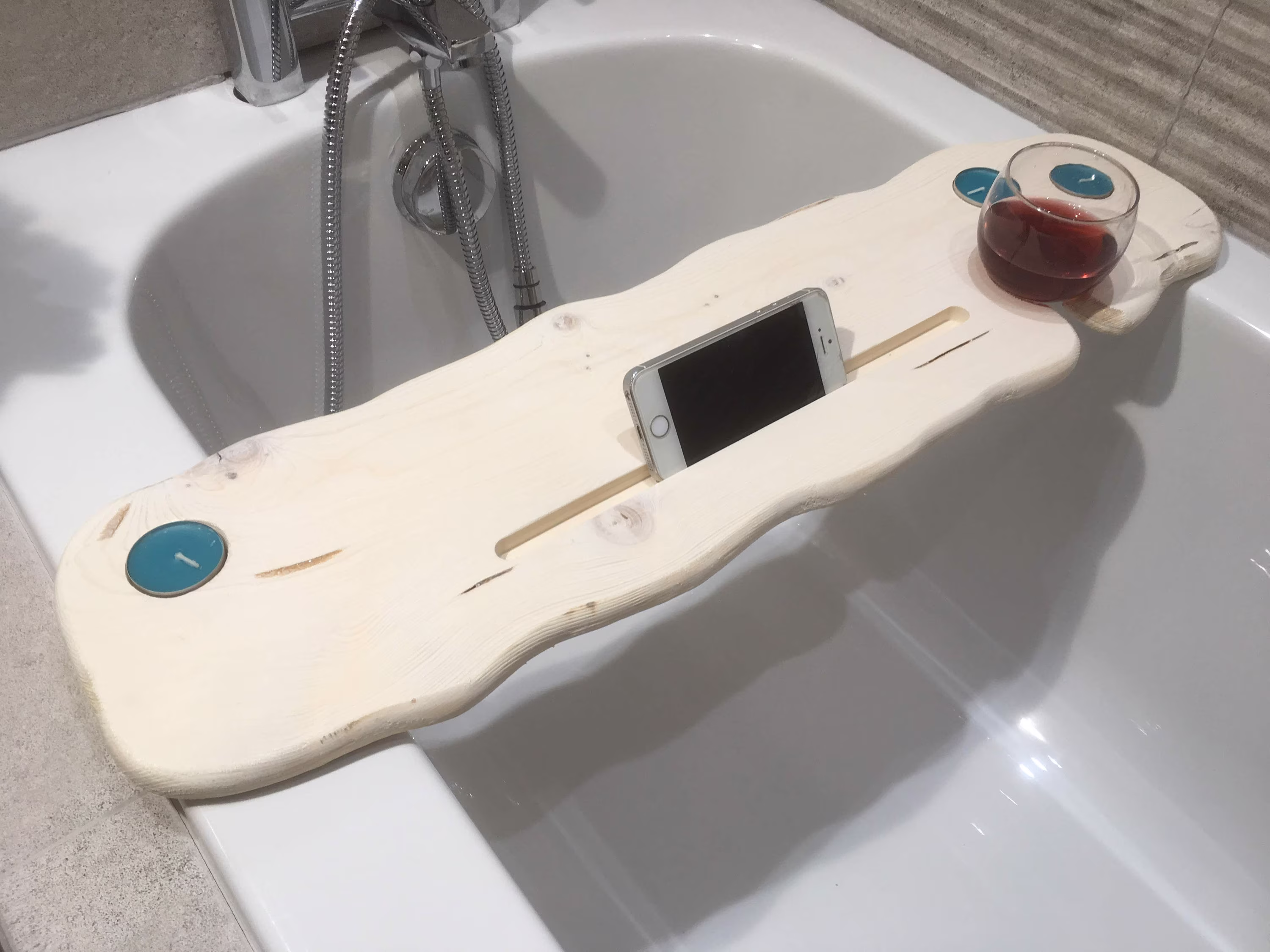 74 - 80cm Handmade Live Edge Sea Wash White Bath Board/Shelf Caddy With Wine Glass Tealights & Phone Tablet Slot