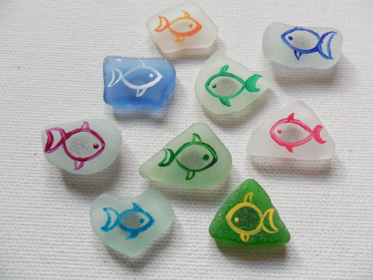 Little Rainbow Fish - Set Of 9 Hand Painted Sea Glass Fridge Magnets Made To Order