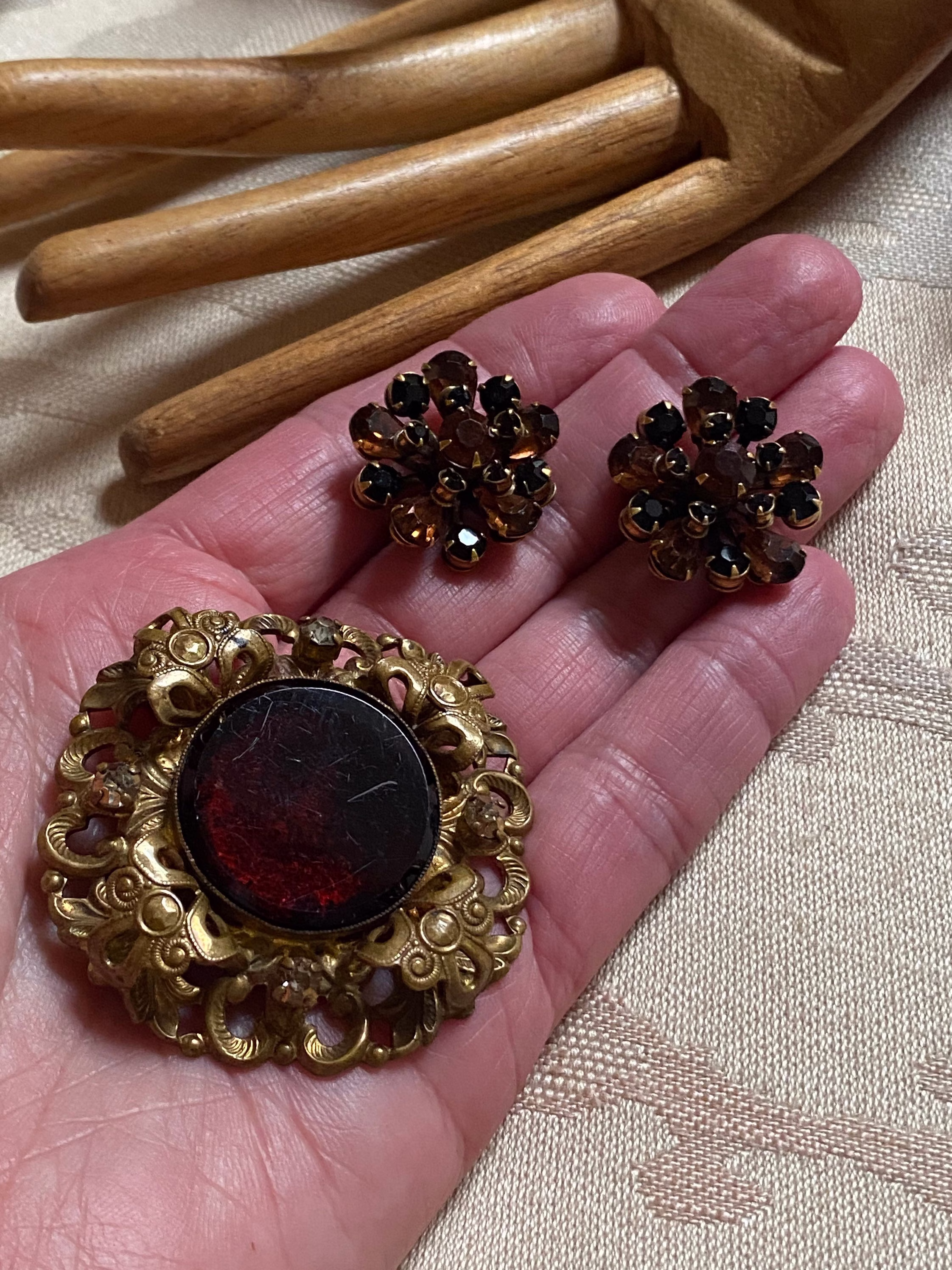 Vintage Antique West Germany Brooch, W. Ornate Tortoise Glass Dark Brown Pin Earrings Set, Citrine Black Clip
