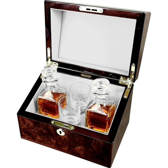 Hillwood Double Mini Decanter & Crystal Shot Glass Set in A Luxury English Burl Walnut Box. | D600Wn