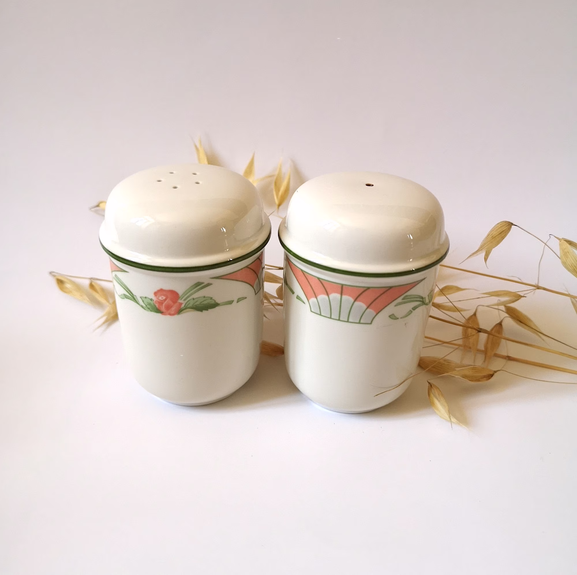 Vintage Porcelain Salt Pepper Shaker White Green Pink Tableware Condiments Spices Storage Kitchen Meal Food France French Flea Market