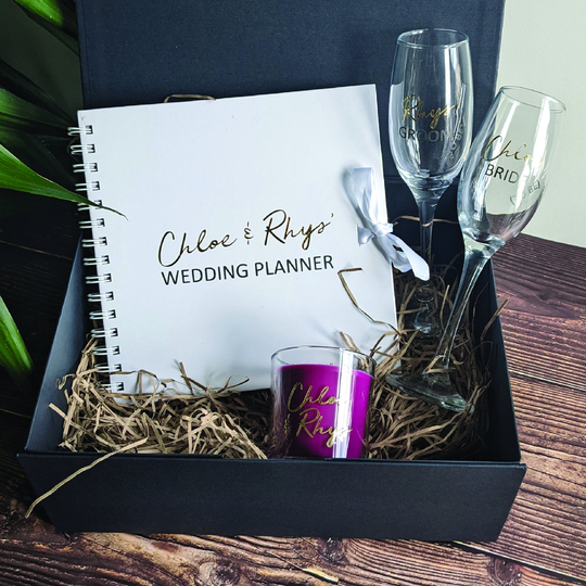 Black & Gold Engagement Gift, Wedding Planner, Husband & Wife To Be, Champagne, Candle, Gift Set, Engagement Present
