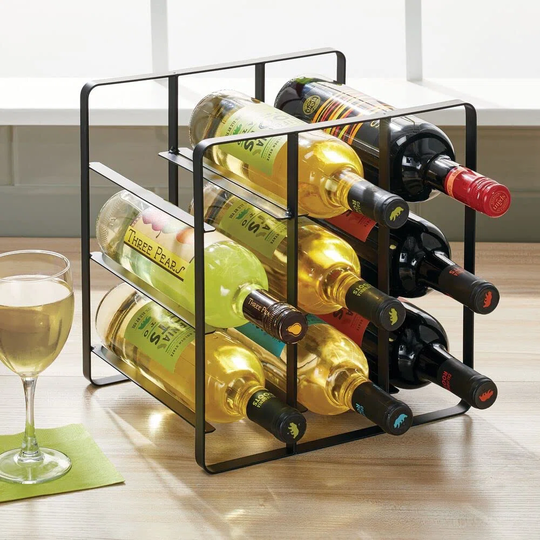Metal Farmhouse Free-Standing Water Bottle And Wine Rack Storage Organizer For Kitchen Countertops, Pantry, Fridge - 3 Tiers, Holds 9 Bottles - Black
