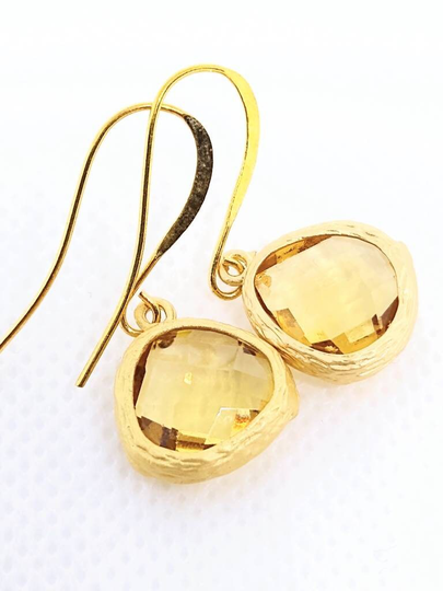 Champagne & Gold Earrings - Glass Bezel Dangle Yellow Citrine Colour Bridesmaid Gift