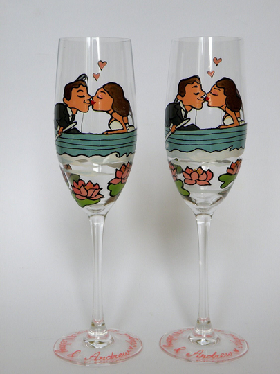 Hand Painted Wedding Toasting Flutes Set Of 2 Personalized Champagne Glasses Groom & Bride On Boat Pink Waterlilies Around Them
