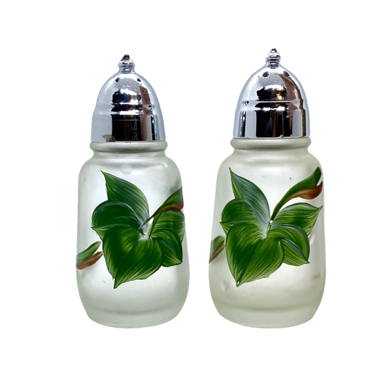 Vtg Hazel Atlas Frosted Glass Painted Ivy Leaf Shakers & Pattern Dinner Ware Mid Century