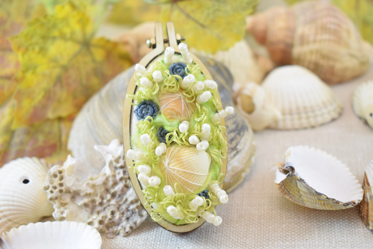 Large Oval Rockpool Magnet- Original Stitches- Embroidered Home Decor- Miniature Hoop Embroidery- Seaside Gift - Real Shells Fridge Magnet