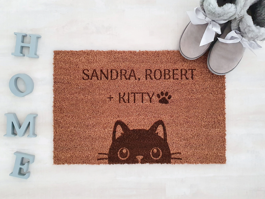 Personalized Coconut Doormat For Cat Owners Indoor Mat With Your Individual Names & The Name Of | Housewarming Gift New Home